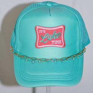 Turquoise "It's Lake Time" trucker hat with hat jewelry